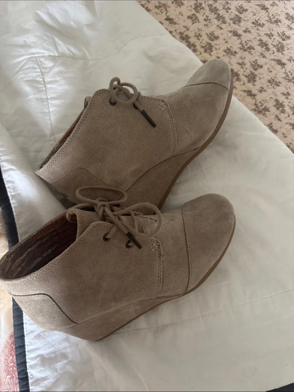 Toms Taupe Suede Lace-Up Wedge Booties